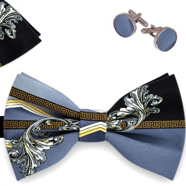 Set papion barbati, batista, butoni, gri fumuriu, imprimeuri eclectice